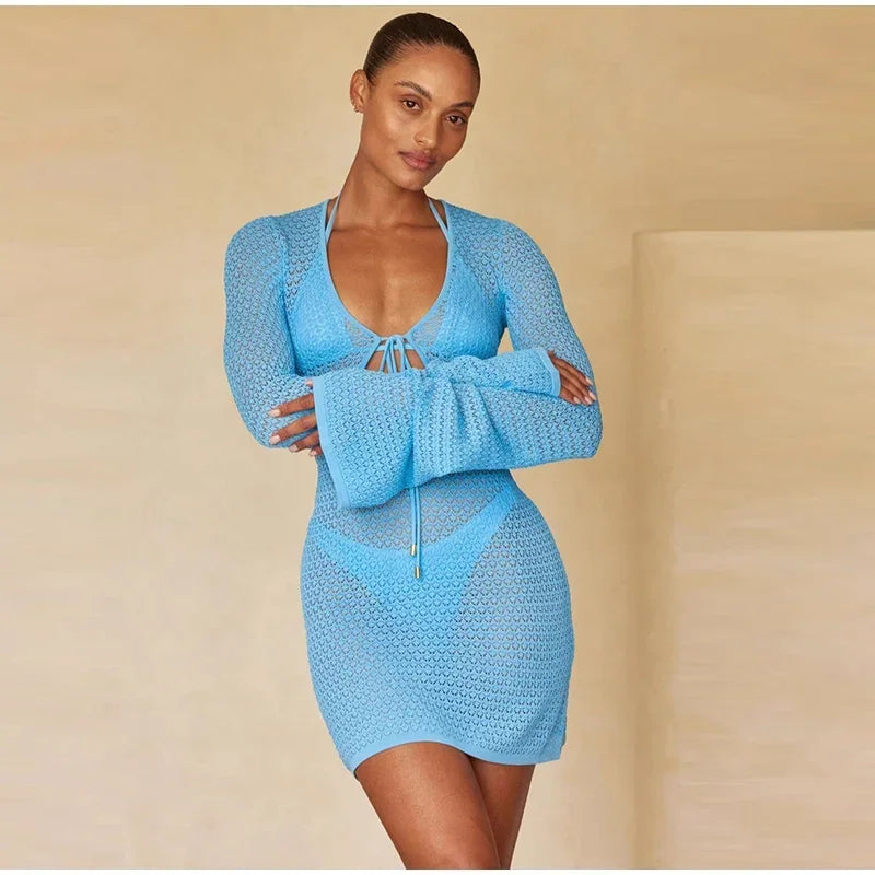 Mini robe de vacances ajourée pour femmes, tricot à lacets, manches longues évasées, robes de plage, mode dame, vacances, couleur unie