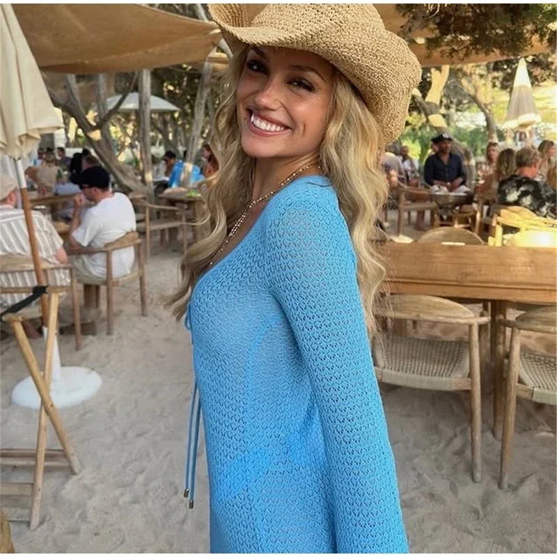 Mini robe de vacances ajourée pour femmes, tricot à lacets, manches longues évasées, robes de plage, mode dame, vacances, couleur unie
