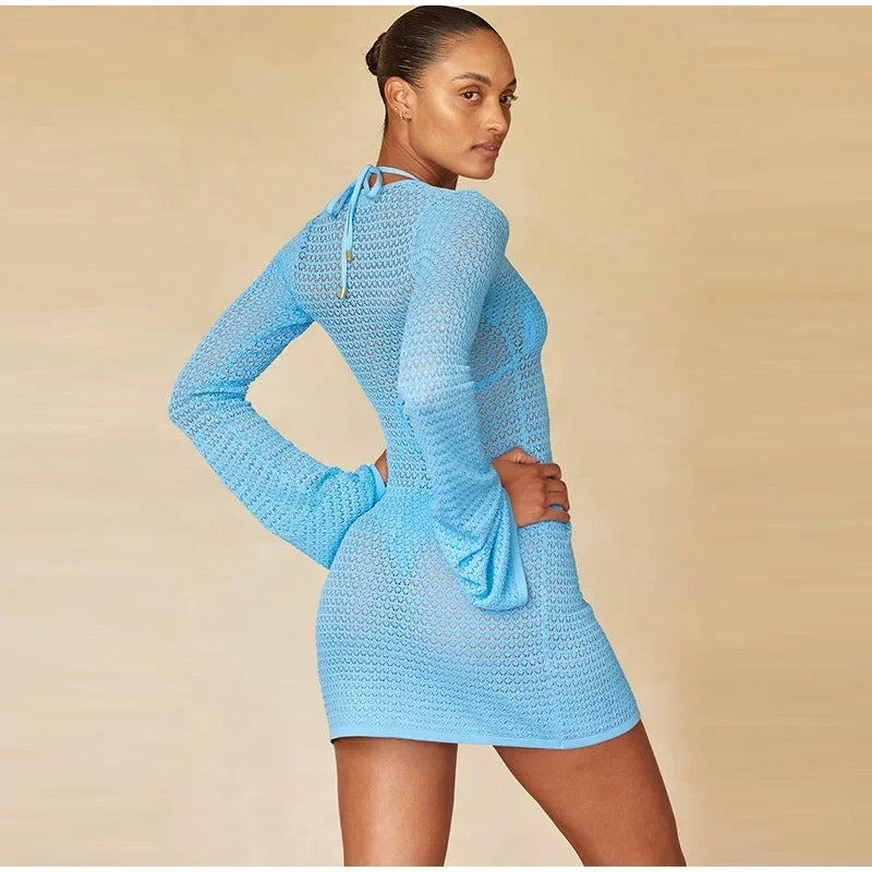Mini robe de vacances ajourée pour femmes, tricot à lacets, manches longues évasées, robes de plage, mode dame, vacances, couleur unie